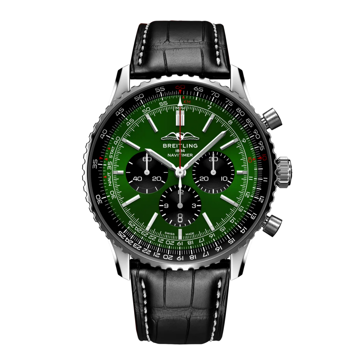 Breitling Navitimer chronograph green dial watch black leather strap slide rule bezel