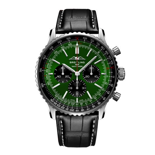 Breitling Navitimer chronograph green dial watch black leather strap slide rule bezel