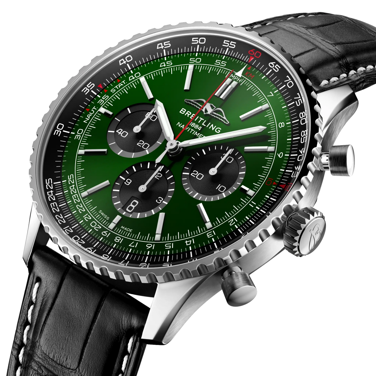 side view of Breitling Navitimer chronograph showing steel case pushers crown and slide rule bezel