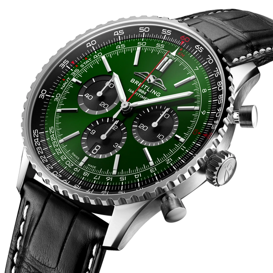 side view of Breitling Navitimer chronograph showing steel case pushers crown and slide rule bezel