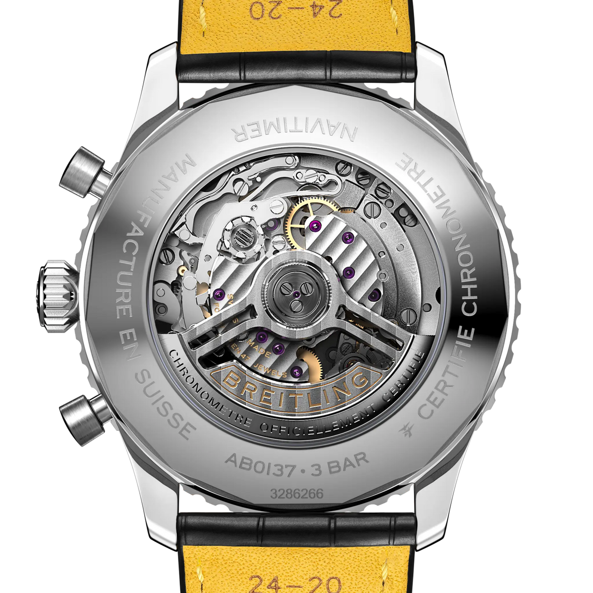 case back of Breitling Navitimer chronograph showing engraved steel back and model detailing