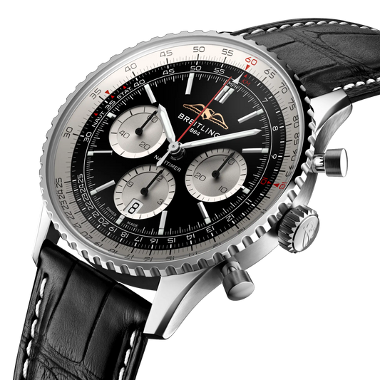 side view of Breitling Navitimer chronograph showing steel case pushers crown and slide rule bezel