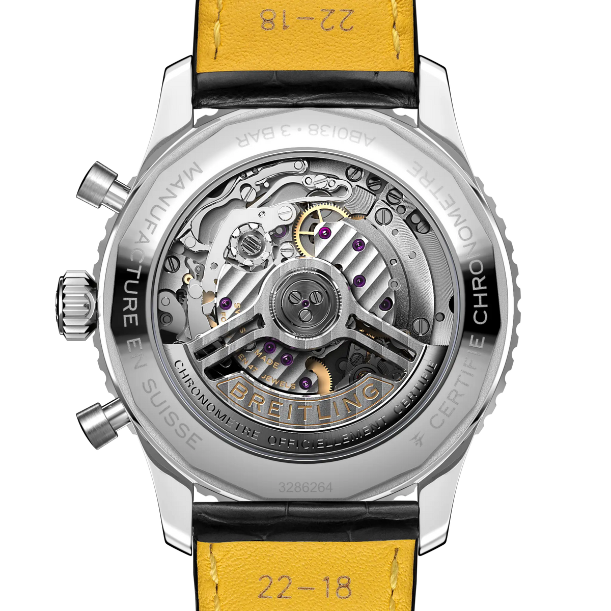 case back of Breitling Navitimer chronograph showing engraved steel back and model detailing