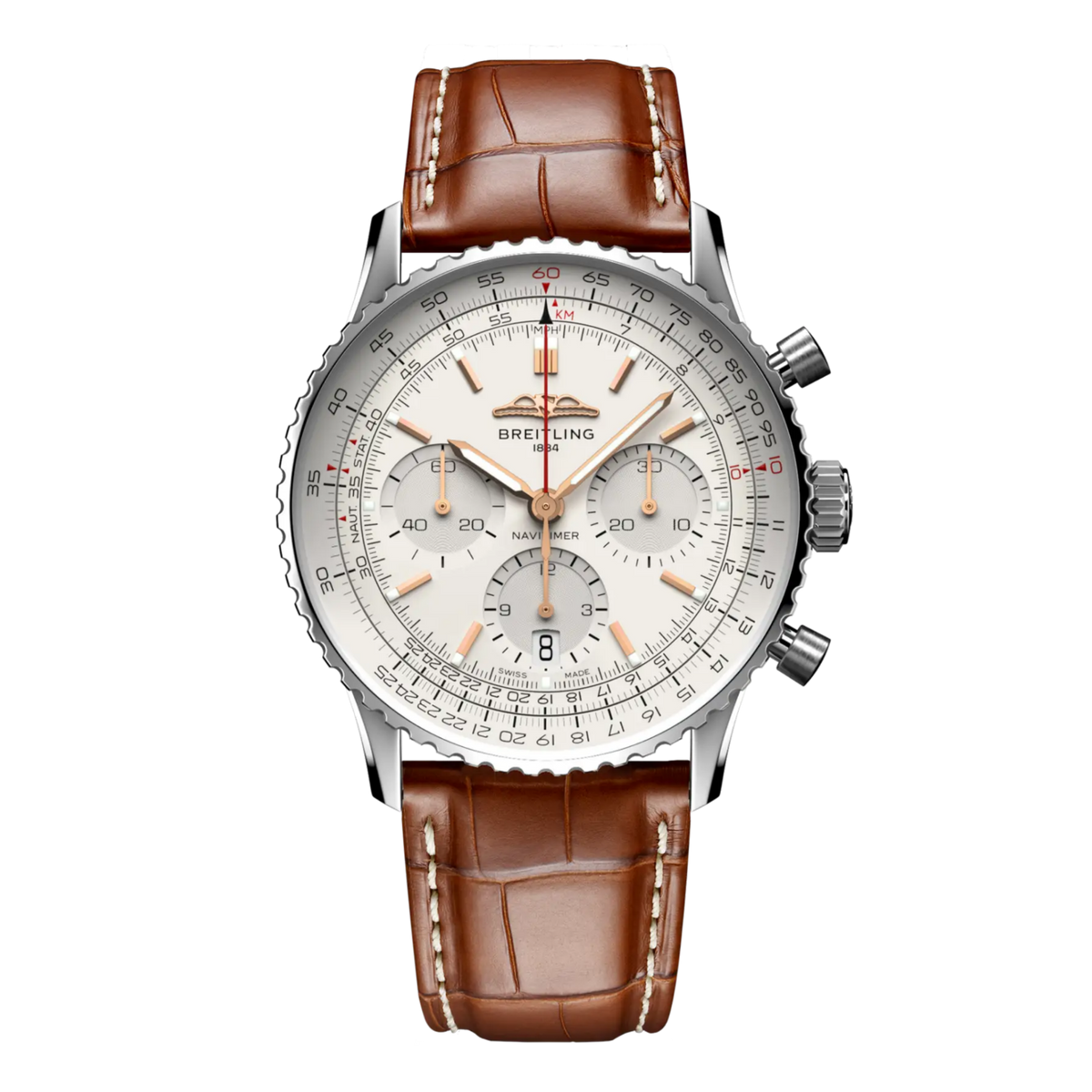 Breitling Navitimer chronograph cream dial watch brown leather strap rose gold tone markers