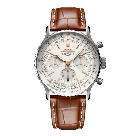 Breitling Navitimer chronograph cream dial watch brown leather strap rose gold tone markers