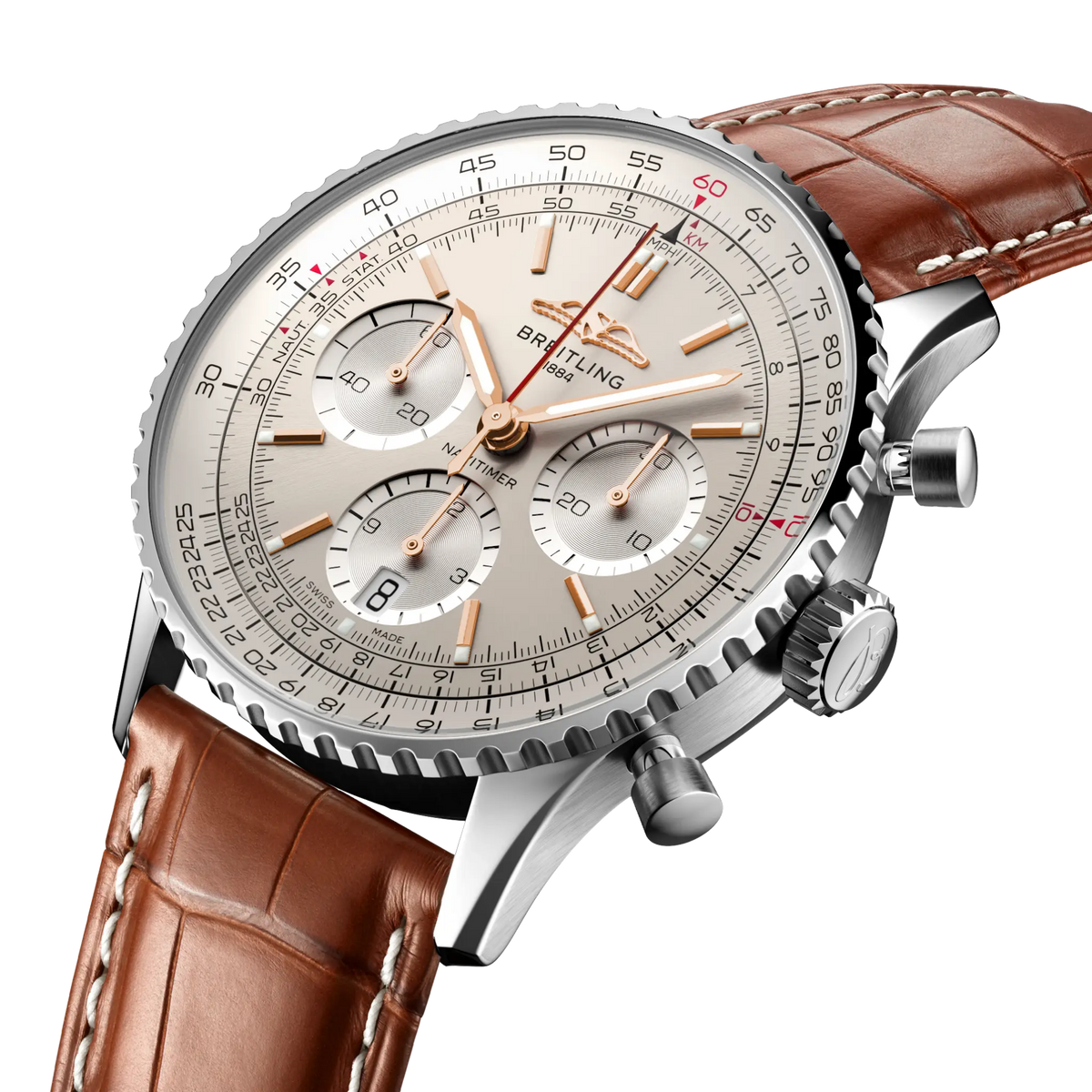side view of Breitling Navitimer chronograph showing steel case pushers crown and slide rule bezel