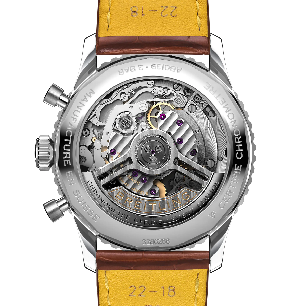 case back of Breitling Navitimer chronograph showing engraved steel back and model detailing