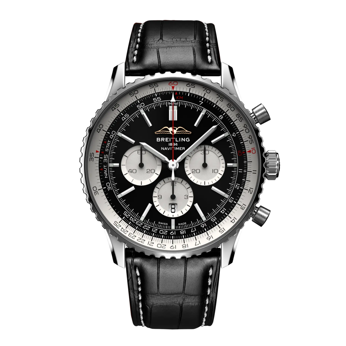 Breitling Navitimer B01 Chronograph 46mm automatic watch with black dial and black alligator leather strap