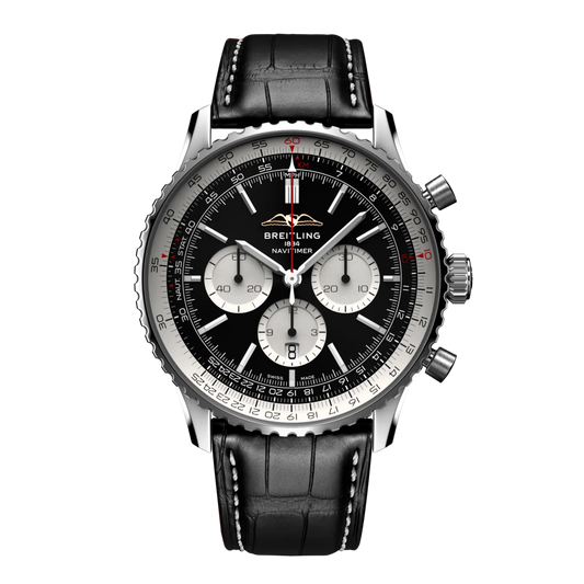 Breitling Navitimer B01 Chronograph 46mm automatic watch with black dial and black alligator leather strap
