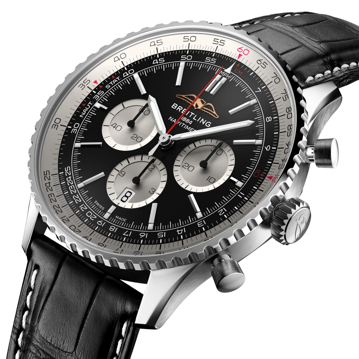 Breitling Navitimer B01 46mm men’s chronograph watch with black dial and stainless steel case