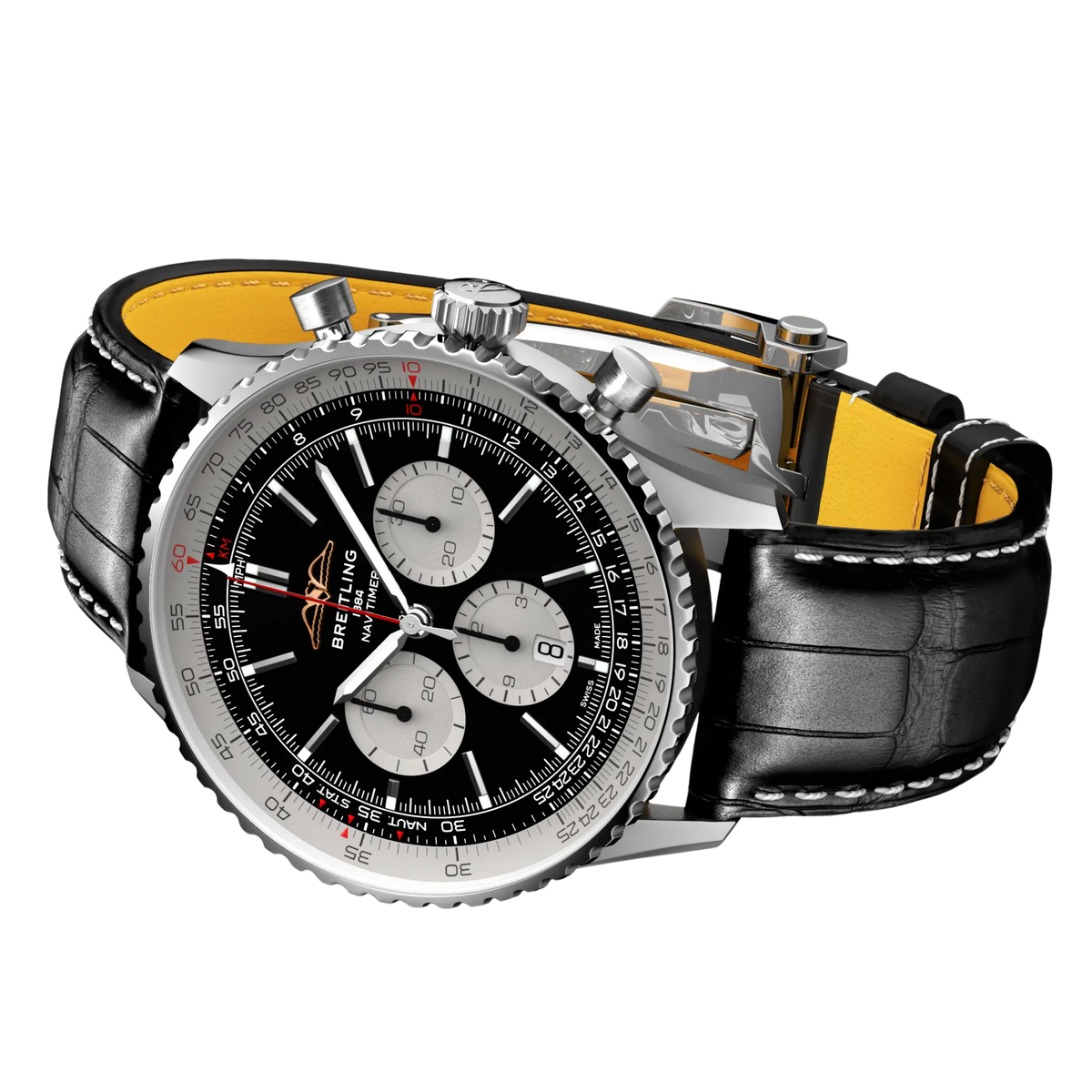 Breitling Navitimer B01 automatic chronograph with black dial, slide-rule bezel and black leather strap