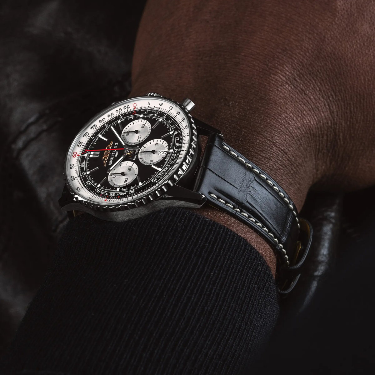 Breitling Navitimer 46mm Swiss automatic watch with black chronograph dial and alligator leather strap