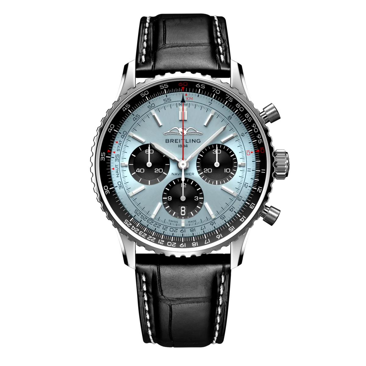 Breitling Navitimer chronograph ice blue dial watch black leather strap black subdials