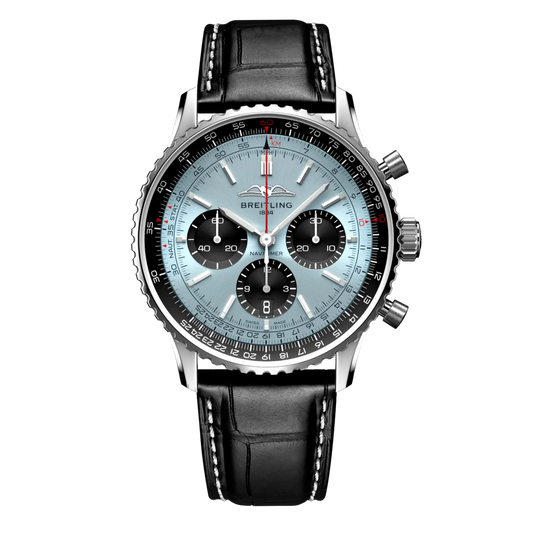 Breitling Navitimer chronograph ice blue dial watch black leather strap black subdials
