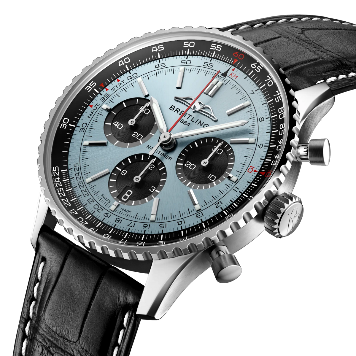 side view of Breitling Navitimer chronograph showing steel case pushers crown and slide rule bezel