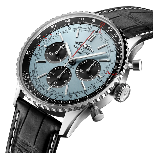 side view of Breitling Navitimer chronograph showing steel case pushers crown and slide rule bezel