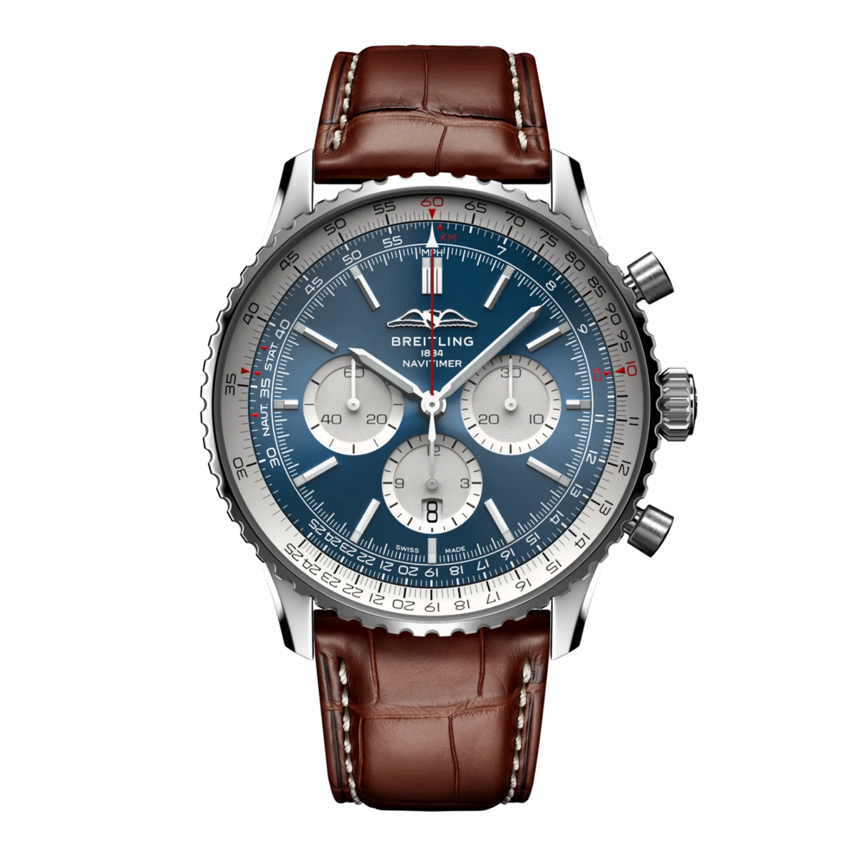 Breitling Navitimer Chronograph blue dial watch with contrasting sub-dials and brown leather strap