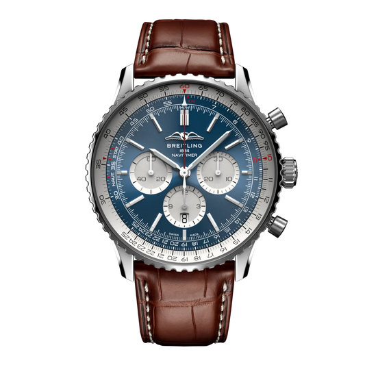 Breitling Navitimer Chronograph blue dial watch with contrasting sub-dials and brown leather strap
