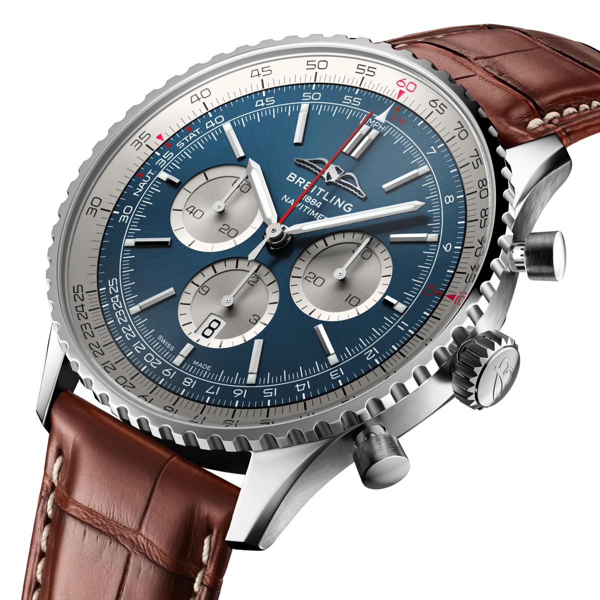 side view of Breitling Navitimer stainless steel case highlighting the chronograph pushers and fluted bezel