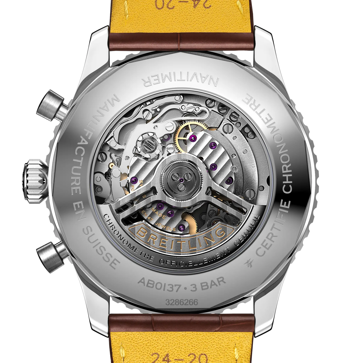 case back of Breitling Navitimer Chronograph featuring engraved detailing and solid construction