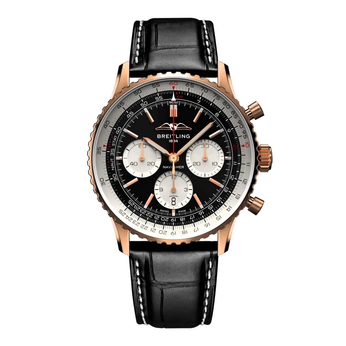 Breitling Navitimer chronograph black dial watch rose gold case black leather strap silver subdials