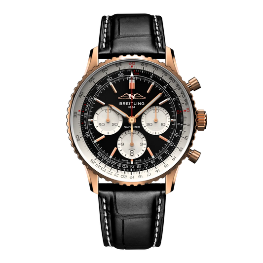 Breitling Navitimer chronograph black dial watch rose gold case black leather strap silver subdials