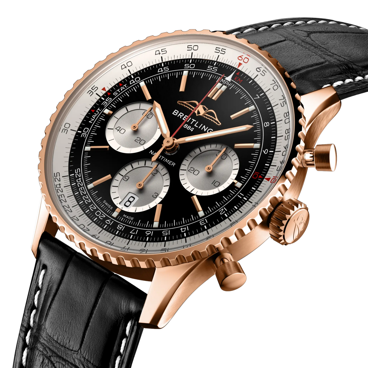 side view of Breitling Navitimer chronograph showing rose gold case pushers crown and slide rule bezel