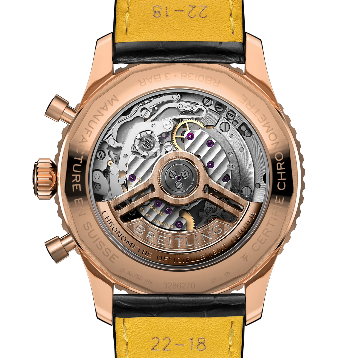 case back of Breitling Navitimer chronograph showing engraved steel back and model detailing