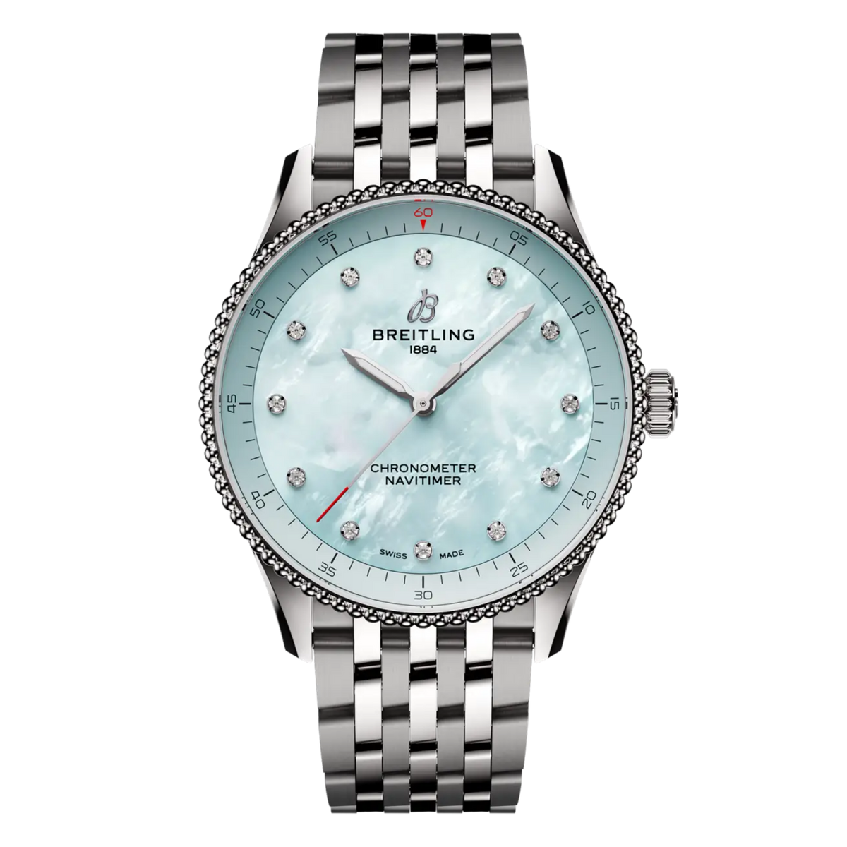 Breitling Navitimer Automatic light blue mother of pearl dial watch stainless steel bracelet diamond hour markers