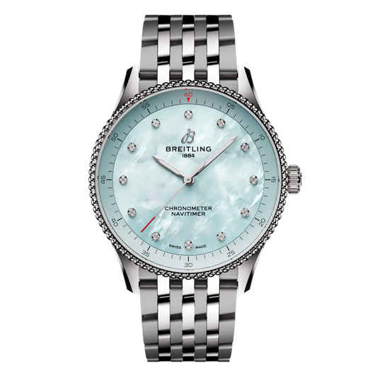 Breitling Navitimer Automatic light blue mother of pearl dial watch stainless steel bracelet diamond hour markers