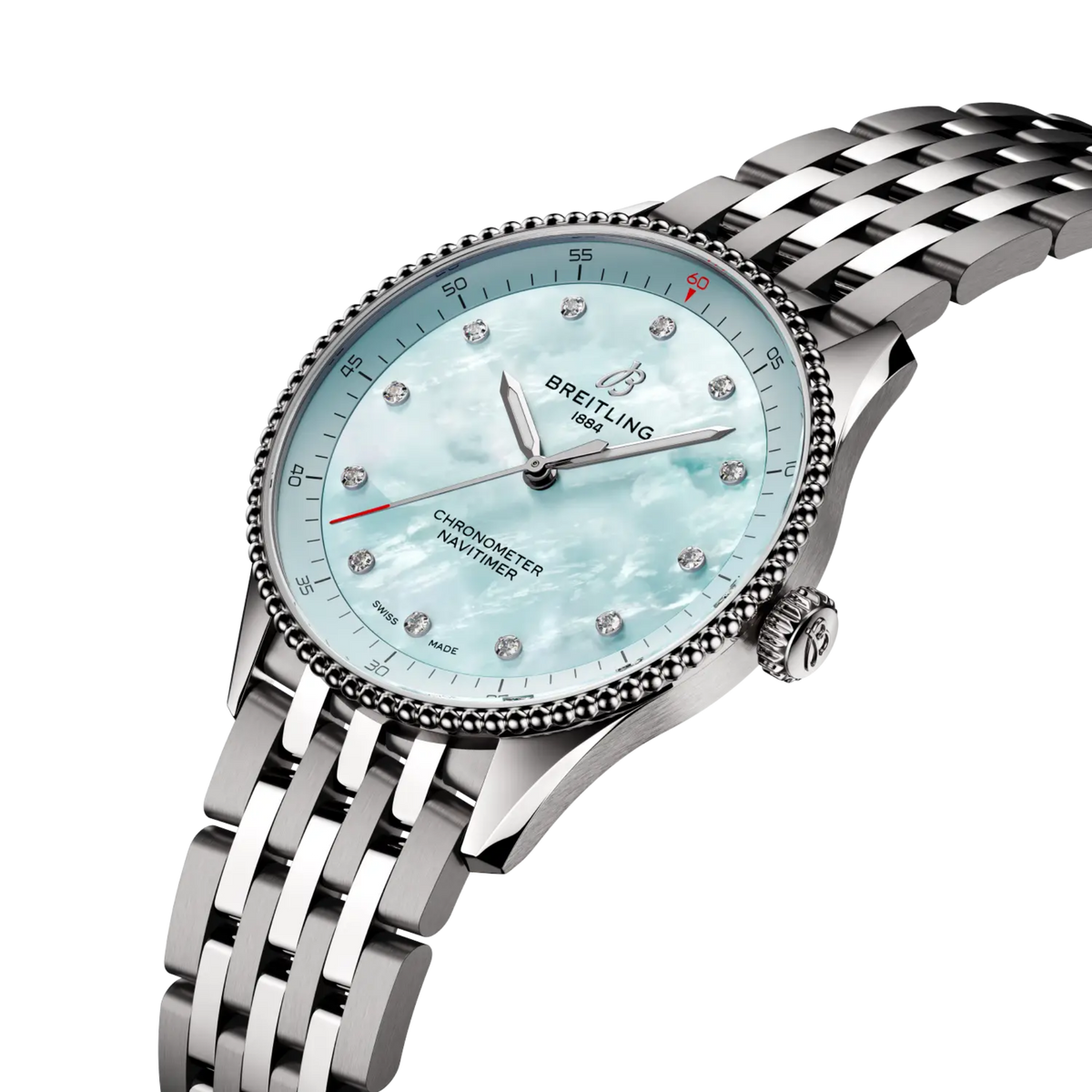 side view of Breitling Navitimer Automatic showing steel case crown and beaded bezel detail