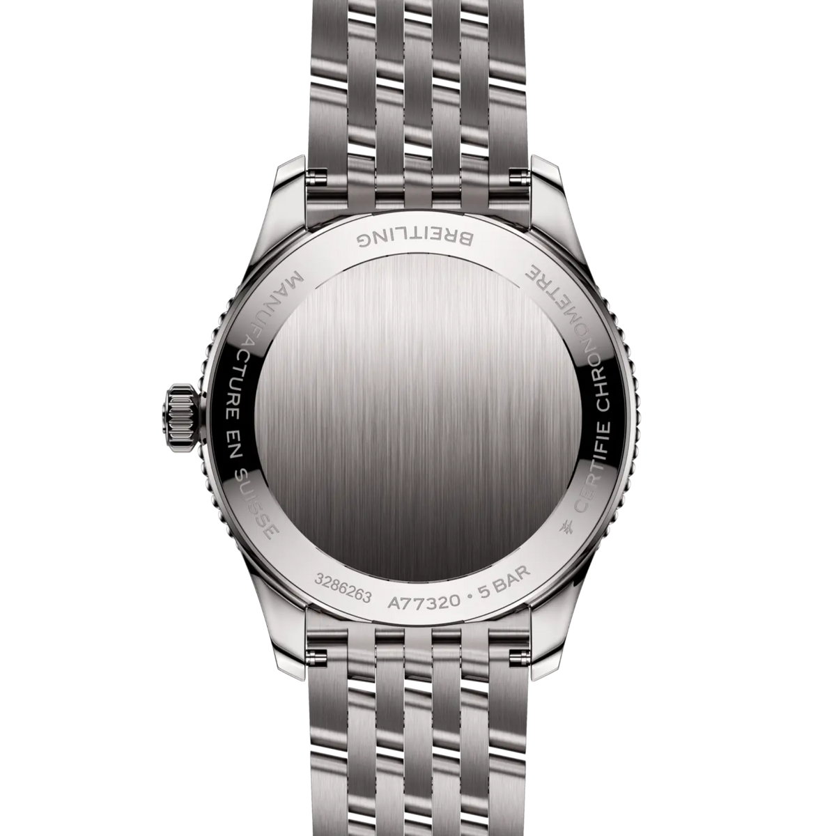 case back of Breitling Navitimer Automatic showing engraved stainless steel back and model detailing
