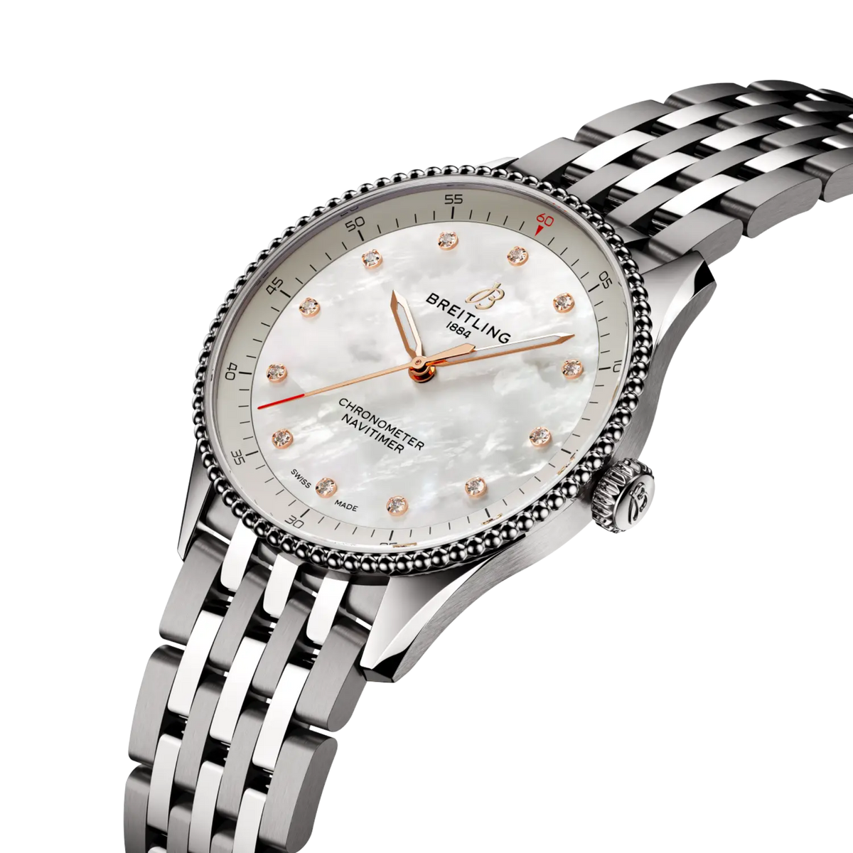 Breitling Navitimer 32mm women’s watch featuring a mother-of-pearl dial and polished stainless steel case