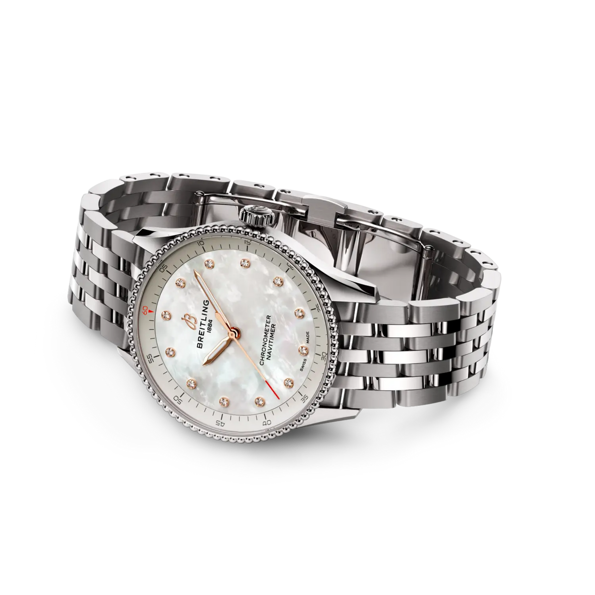 Breitling Navitimer 32 SuperQuartz watch with mother-of-pearl dial and stainless steel bracelet