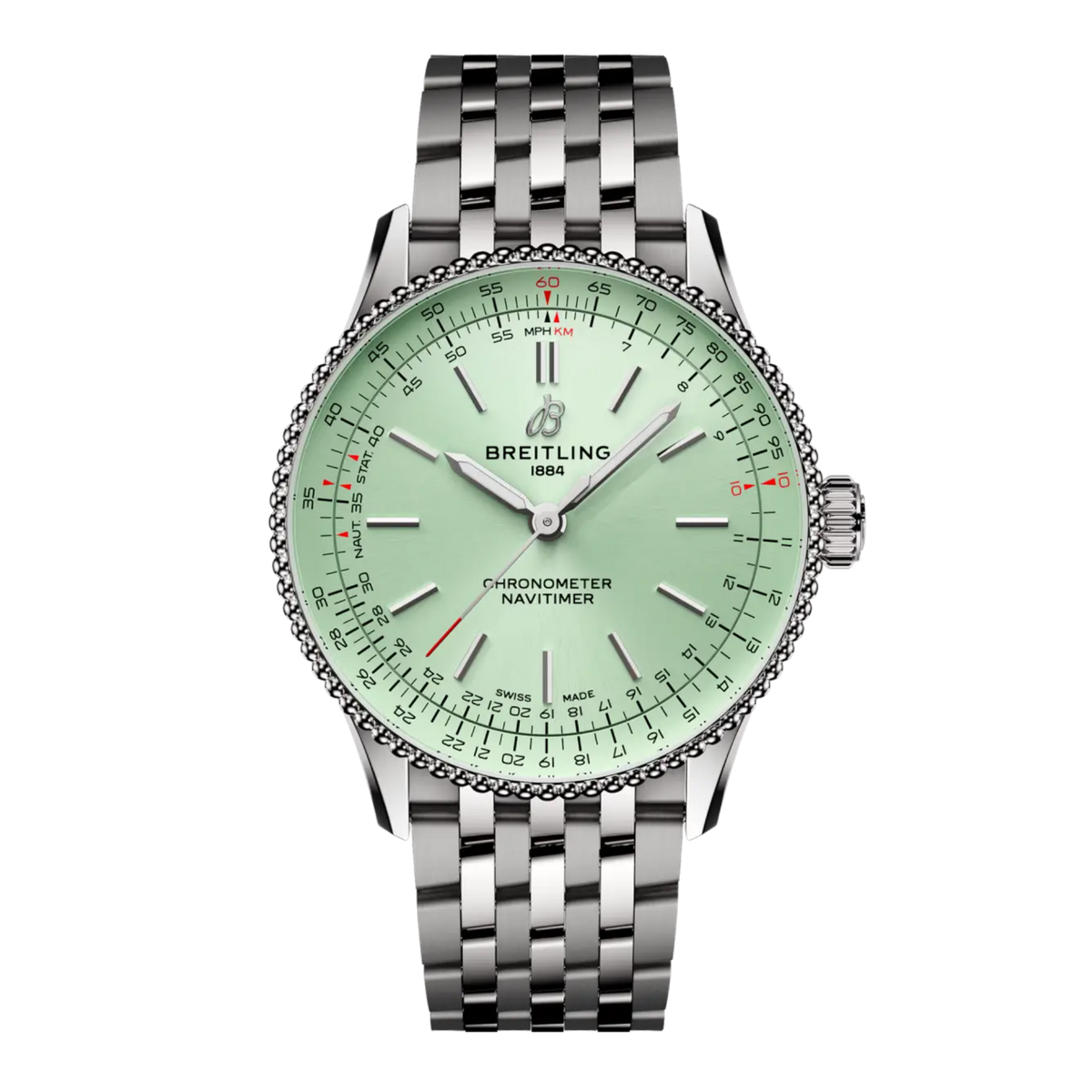 Breitling Navitimer Automatic green dial watch stainless steel bracelet beaded bezel