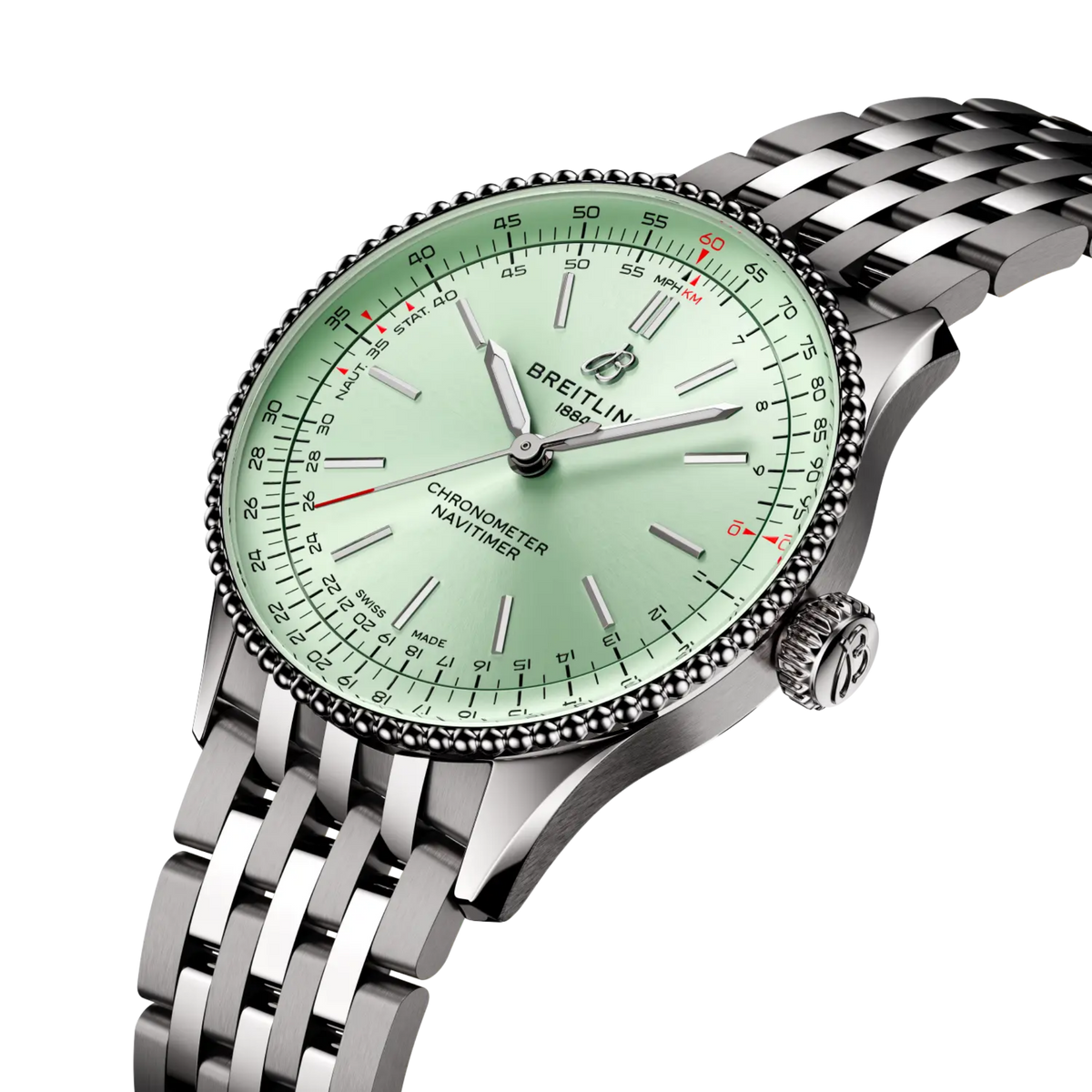 side view of Breitling Navitimer Automatic showing steel case crown and beaded bezel detai