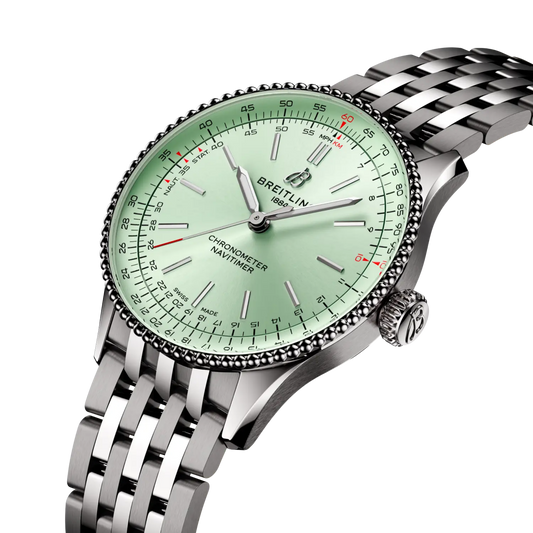 side view of Breitling Navitimer Automatic showing steel case crown and beaded bezel detai