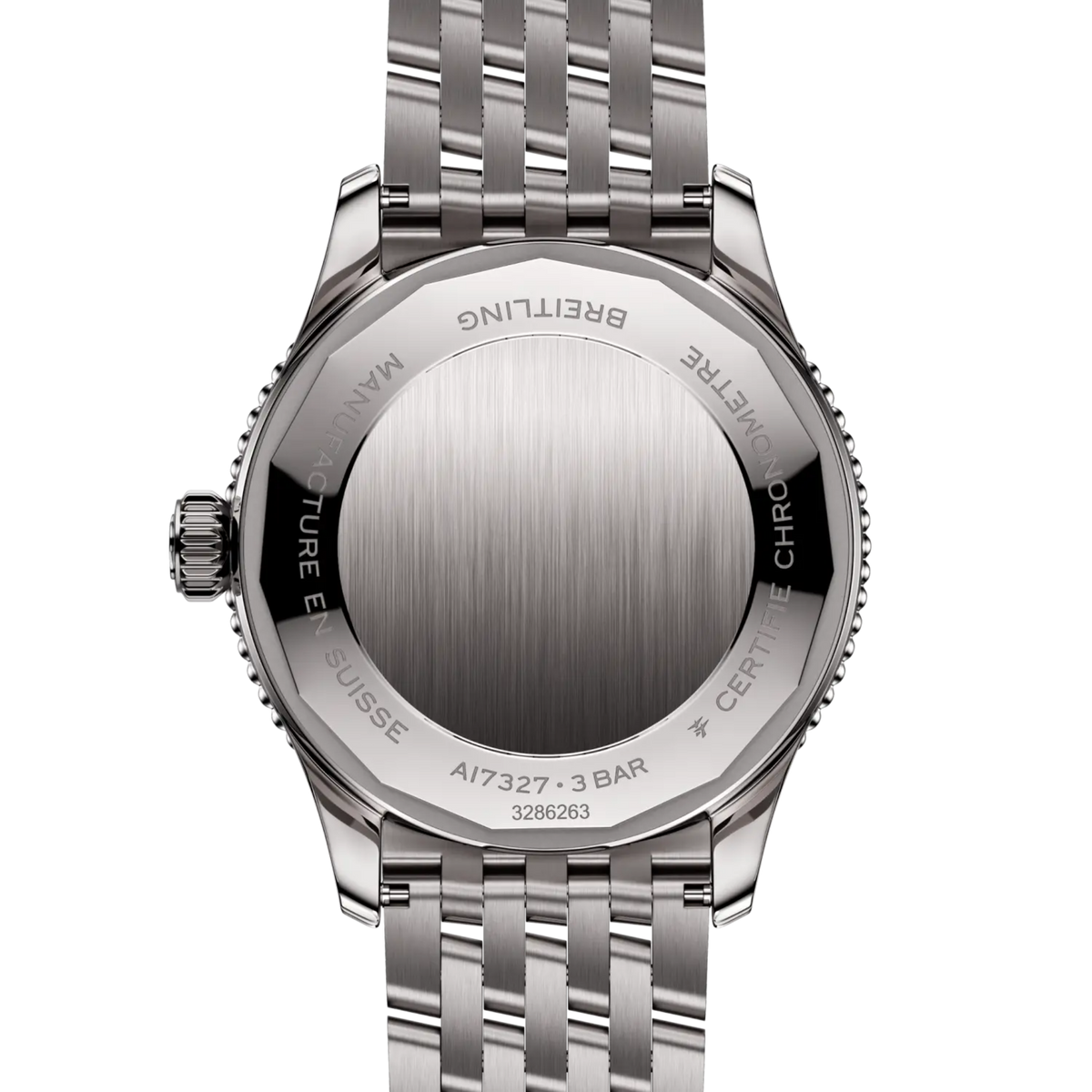 case back of Breitling Navitimer Automatic showing engraved stainless steel back and model detailing