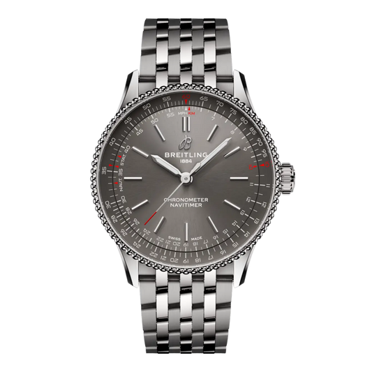 Breitling Navitimer grey dial stainless steel bracelet watch with beaded slide rule bezel.