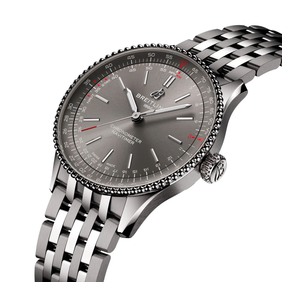 side view of Breitling Navitimer stainless steel case highlighting the signature beaded bezel and crown