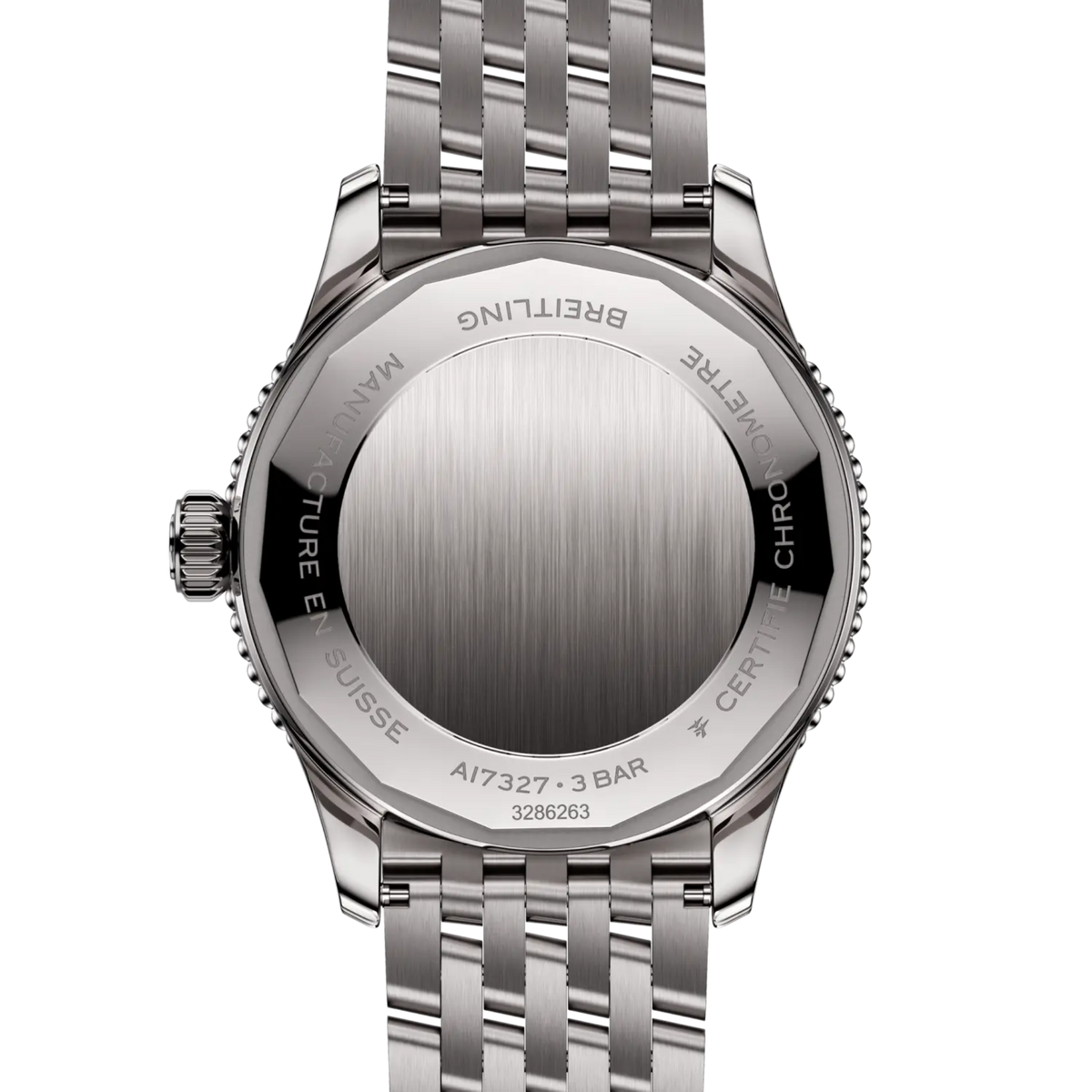 case back of Breitling Navitimer stainless steel watch featuring engraved chronometer detailing