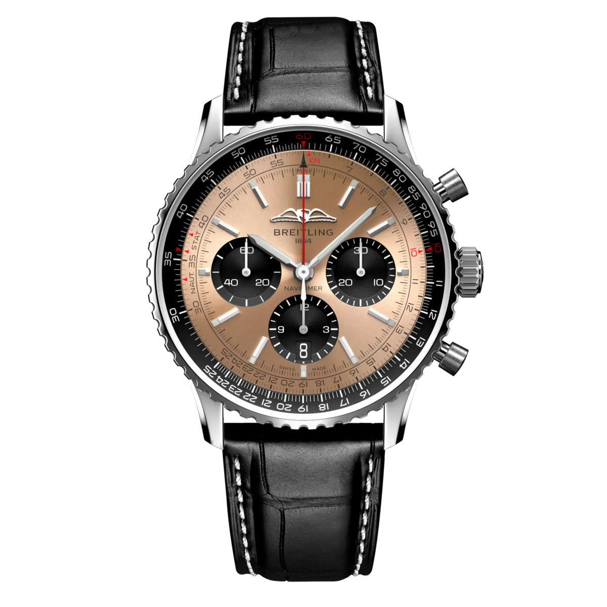 Breitling Navitimer chronograph copper dial watch black leather strap black subdials