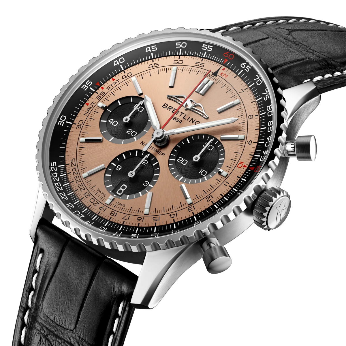 side view of Breitling Navitimer chronograph showing steel case pushers crown and slide rule bezel