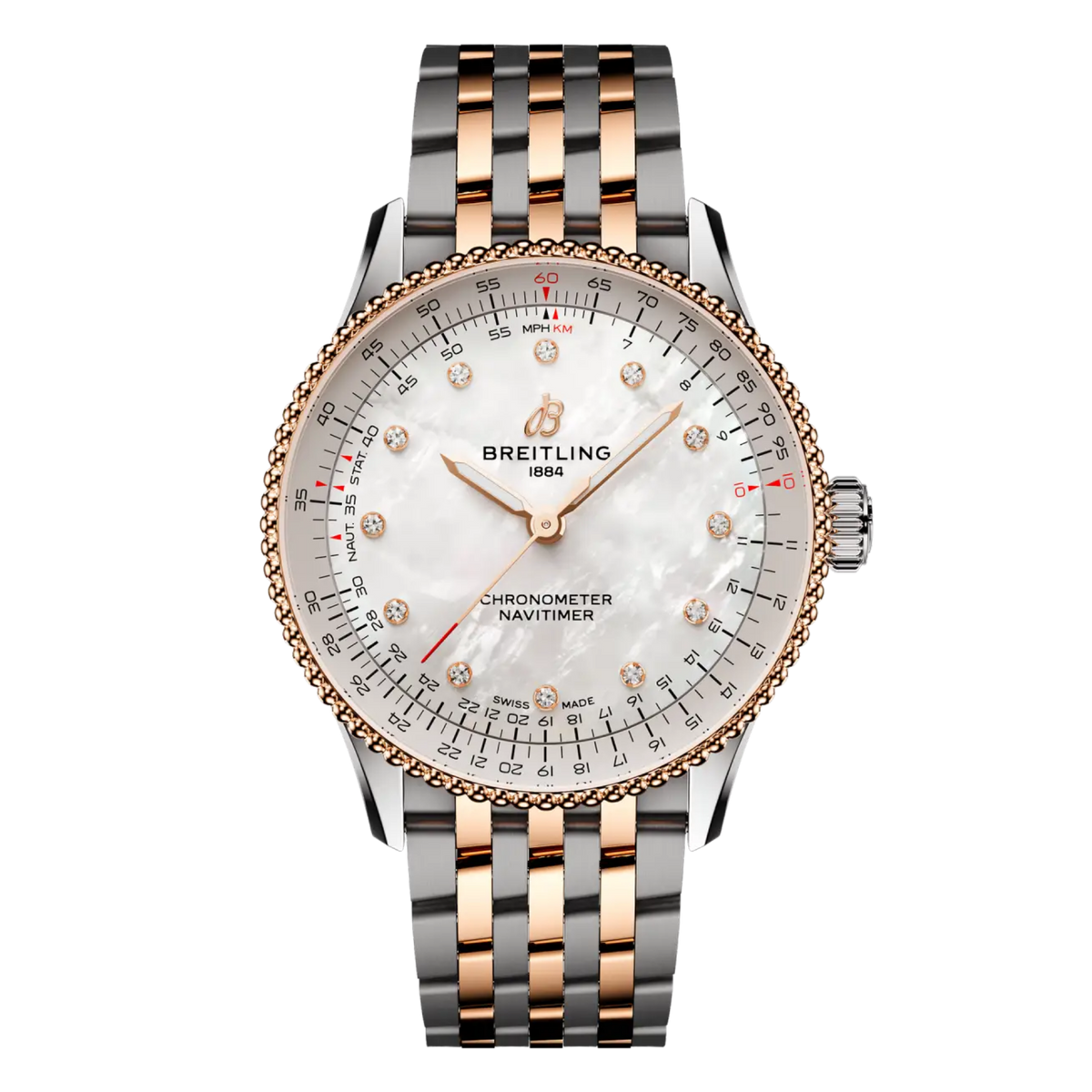 Breitling Navitimer Automatic mother of pearl dial watch two tone bracelet diamond hour markers