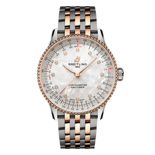 Breitling Navitimer Automatic mother of pearl dial watch two tone bracelet diamond hour markers