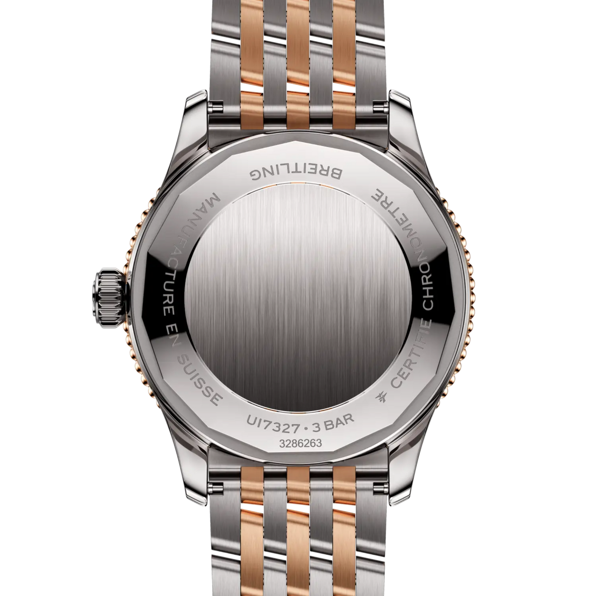case back of Breitling Navitimer Automatic showing engraved stainless steel back and model detailing