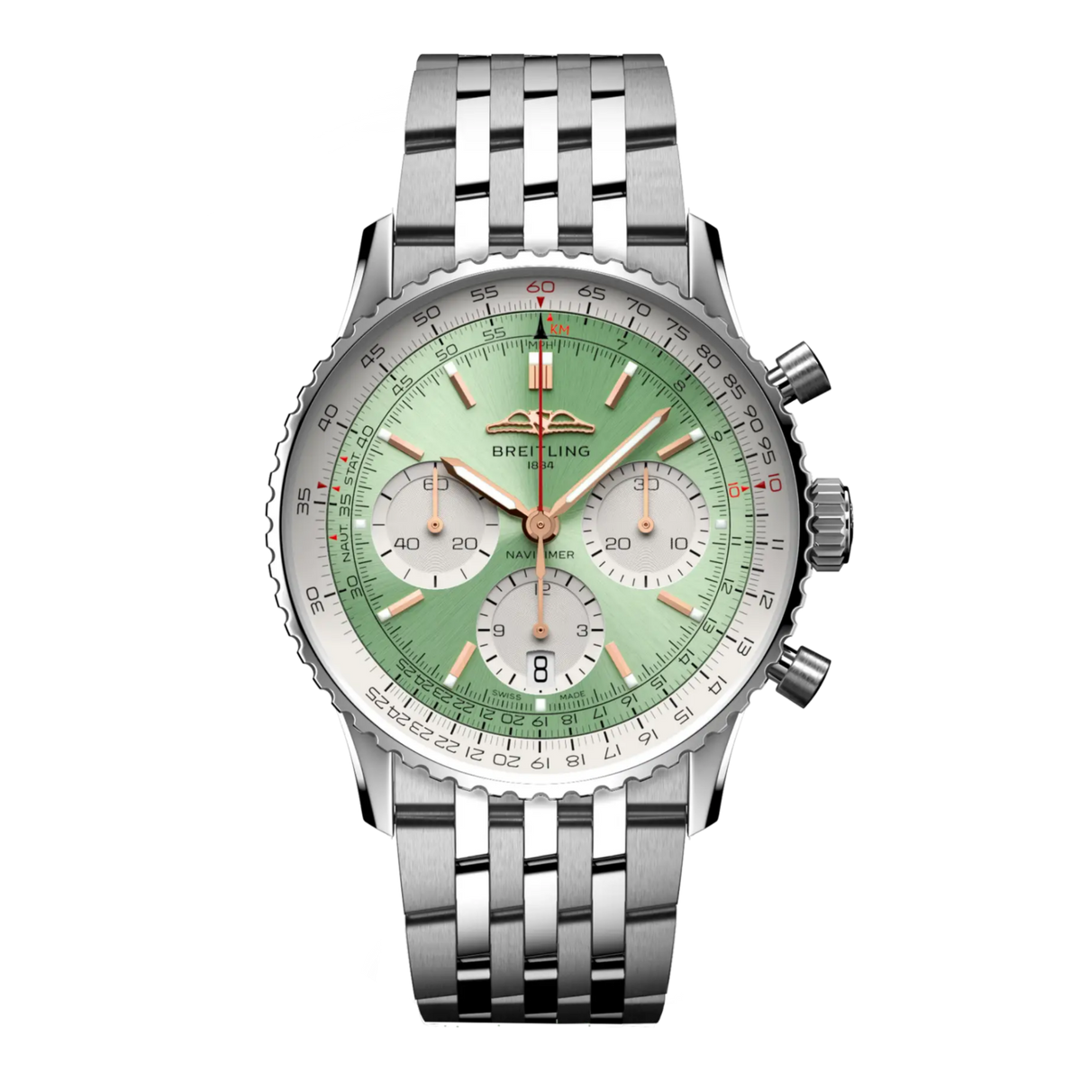 Breitling Navitimer chronograph green dial watch stainless steel bracelet silver subdials