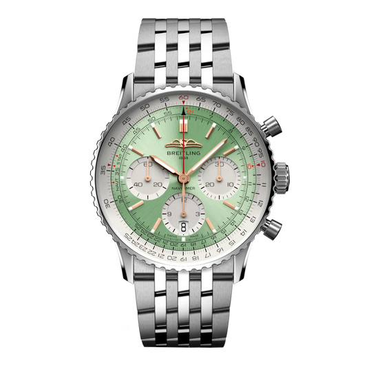 Breitling Navitimer chronograph green dial watch stainless steel bracelet silver subdials