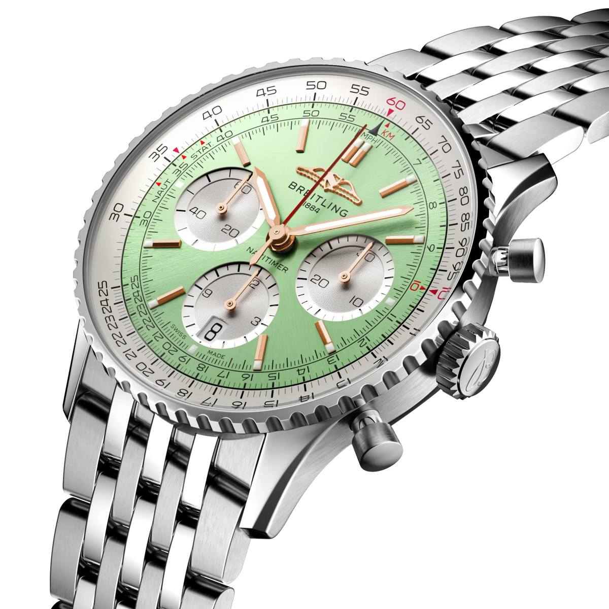 side view of Breitling Navitimer chronograph showing steel case pushers crown and slide rule bezel