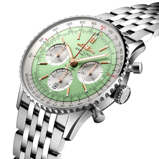 side view of Breitling Navitimer chronograph showing steel case pushers crown and slide rule bezel